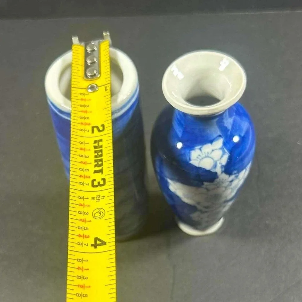 Chinoiserie Bud Vases Blue White Floral Porcelain Set of 2 Small size